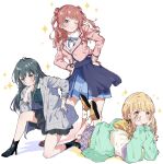  3girls :3 ;) absurdres blazer blonde_hair blue_overskirt blue_ribbon blue_skirt blush brown_hair brown_jacket coat commentary cropped_jacket doyagao feet_up fujita_kotone gakuen_idolmaster green_hair grey_coat hanami_saki hatsuboshi_gakuen_school_uniform highres idolmaster jacket looking_at_viewer lying multicolored_clothes multicolored_jacket multiple_girls neck_ribbon on_one_knee on_stomach one_eye_closed ribbon school_uniform simple_background skirt smile smug sparkle standing suzukaze_sora symbol-only_commentary the_pose tsukimura_temari white_background 