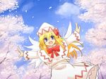  blonde_hair blue_eyes blue_sky bow capelet cherry_blossoms day fairy_wings hat hat_bow highres kibisake lily_white long_hair long_sleeves looking_at_viewer open_mouth outstretched_arms petals shirt skirt sky smile solo touhou tree wings 