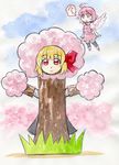  :&lt; ? ahoge costume flying kawachi_koorogi multiple_girls mystia_lorelei rumia touhou tree tree_costume 