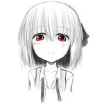  collarbone greyscale iruru5666 looking_at_viewer monochrome open_clothes open_shirt red_eyes rumia shirt short_hair sketch smile solo spot_color touhou upper_body white_background 