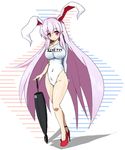  animal_ears borrowed_design breasts bunny_ears closed_umbrella clothes_writing large_breasts leotard long_hair planted_umbrella purple_hair race_queen red_eyes reisen_udongein_inaba smile solo sprout_(33510539) touhou umbrella very_long_hair 