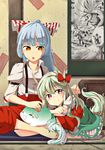  :3 :o =_= barefoot bird blue_hair bow dress drooling ex-keine fujiwara_no_mokou gen_2_pokemon hair_bow highres ho-oh horn_ribbon horns indian_style juliet_sleeves kamishirasawa_keine long_hair long_sleeves looking_at_viewer lying_on_person mat multicolored_hair multiple_girls no_shoes ofuda orange_eyes pants phoenix picture_(object) pokemon pokemon_(creature) puffy_sleeves red_eyes ribbon senhaku short_sleeves sitting sleeping smile sukusuku_hakutaku suspenders tail tatami touhou two-tone_hair 