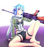  anti-materiel_rifle barefoot blue_eyes blue_hair fingerless_gloves gloves gun hair_ornament hairclip highres rifle sakaokasan scarf short_hair short_shorts shorts sinon sitting sniper_rifle sword_art_online weapon 