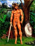  axe balls biceps equine forest hair horn human joelglaine male mammal minotaur muscles nature nipples nude outside pecs penis shield sword tree weapon 