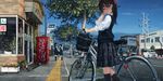  3girls bag bangs basket bicycle bicycle_basket black-framed_eyewear black_hair black_legwear blue_sky blunt_bangs brick_wall brown_eyes brown_hair building car dated day from_side glasses ground_vehicle hair_ribbon hair_tucking hjl kneehighs long_hair looking_at_viewer looking_back motor_vehicle multiple_girls original outdoors photo_background plaid plaid_skirt plant ponytail pot potted_plant power_lines product_placement ribbon road road_sign school_bag school_uniform shop short_hair shoulder_bag sign signature skirt sky sleeves_rolled_up smile storefront street sweater_vest town transmission_tower tree vanishing_point vending_machine window 