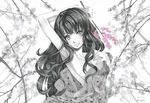  amayofuu armpits bare_shoulders branch cherry_blossoms long_hair looking_at_viewer monochrome open_mouth original smile solo spot_color undressing wavy_hair 