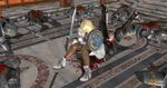  3d assassin&#039;s_creed blonde_hair blood cesare_borgia gloves green_eyes hair_ornament highres long_hair pyrrha_alexandra shield sitting sitting_on_face skirt soul_calibur soulcalibur_v sword thigh_boots thighhighs weapon xnalara 