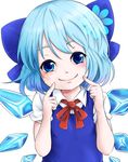  blue_eyes blue_hair bow cirno dress face finger_to_face fingersmile flower hair_bow hayase_kento looking_at_viewer ribbon short_hair short_sleeves simple_background smile solo touhou white_background wings 