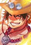  1boy black_hair blurry_border close-up commentary_request fire freckles glint hat highres jewelry kameoka908 looking_at_viewer male_focus necklace one_piece orange_hat pearl_necklace portgas_d._ace short_hair smile solo topless_male twitter_username upper_body 