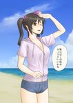  beach blue_sky brown_eyes brown_hair cloud contemporary day hat himekaidou_hatate jacket kitano_(kitanosnowwhite) long_hair ocean one_eye_closed outdoors short_shorts shorts sky solo tokin_hat touhou translation_request twintails water 