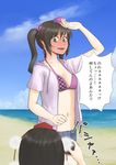  beach bikini_top blue_sky blush brown_eyes brown_hair camera cloud day hat himekaidou_hatate jacket kitano_(kitanosnowwhite) long_hair multiple_girls ocean outdoors shameimaru_aya short_shorts shorts sky tokin_hat touhou translated twintails water 