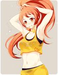  adjusting_hair armpits arms_up idolmaster idolmaster_cinderella_girls long_hair midriff mouth_hold musical_note navel nira_(vira) orange_eyes orange_hair ponytail solo sweat tank_top tying_hair wakabayashi_tomoka 