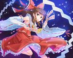  bare_shoulders bow brown_eyes brown_hair detached_sleeves frills hair_bow hair_tubes hakurei_reimu kail ofuda ponytail shide solo touhou 