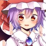  bat_wings blue_hair blush brooch face fang hat hat_ribbon jewelry looking_at_viewer open_mouth purple_hair red_eyes remilia_scarlet ribbon short_hair smile solo tosura-ayato touhou upper_body uu~ wings 