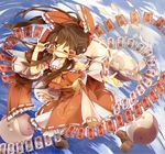  ascot blue_sky bow brown_eyes brown_hair cloud detached_sleeves gohei hair_bow hair_tubes hakurei_reimu long_hair long_sleeves looking_at_viewer midriff momo_(baso4) one_eye_closed shirt skirt skirt_set sky smile solo spell_card touhou very_long_hair wide_sleeves yin_yang 