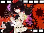  black_hair camera detached_wings film_strip floral_print gears grin hat highres looking_at_viewer rarorimiore red_eyes shameimaru_aya short_hair smile solo tokin_hat touhou wings 