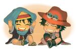  2boys arms_up bandaged_arm bandages black_hair blue_shorts blush boots bracelet chibi closed_eyes coat commentary_request flip-flops freckles hat highres jewelry kameoka908 male_focus monkey_d._luffy multiple_boys one_piece open_mouth orange_hat portgas_d._ace sandals scar scar_on_face scarf short_hair shorts sitting smile straw_hat twitter_username 