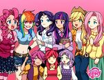  apple_bloom applejack bad_id bad_pixiv_id book casual copyright_name fluttershy gom_(g_0) long_hair midriff multicolored_hair multiple_girls my_little_pony my_little_pony_friendship_is_magic one_eye_closed personification pink_background pinkie_pie pixel_art rainbow_dash rarity scootaloo streaked_hair sweetie_belle twilight_sparkle 