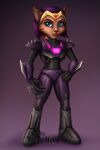 2024 anthro armor blue_eyes brown_body brown_fur cazar_(ratchet_and_clank) circlet eyebrows eyelashes female fur hair hand_on_hip hi_res looking_at_viewer mammal purple_hair ratchet_and_clank sasha_phyronix short_hair solo sony_corporation sony_interactive_entertainment teira-nova