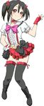  baba_arumi black_hair blush bokura_wa_ima_no_naka_de boots bow choker earrings fingerless_gloves full_body gloves hair_bow jewelry looking_at_viewer love_live! love_live!_school_idol_project miniskirt navel red_eyes short_twintails simple_background skirt smile solo thighhighs twintails white_background yazawa_nico 