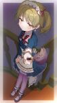  1girl :t alternate_costume apron blue_dress blush border bow brown_eyes dress drill_hair duster earrings enmaided floral_print frilled_dress frills full_body highres holding holding_duster idolmaster idolmaster_cinderella_girls jewelry juliet_sleeves light_brown_hair long_sleeves looking_at_viewer maid maid_headdress monemasu morikubo_nono outside_border pantyhose pout puffy_sleeves purple_pantyhose railing shoes skirt skirt_tug solo stairs standing sweatdrop twintails waist_apron white_apron white_border 