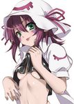  :p breasts facial_mark green_eyes hat ichiro_yoshizumi medium_breasts merry_nightmare navel pointy_ears purple_hair short_hair simple_background smile solo tongue tongue_out underboob white_background yumekui_merry 