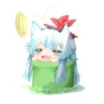  =_= animal_ears bad_id bad_pixiv_id blue_hair blush closed_eyes coin dog_ears dog_tail hat kamishirasawa_keine long_hair lowres rebecca_(keinelove) tail touhou warp_pipe 