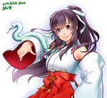  2013 black_hair detached_sleeves hair_ribbon japanese_clothes ko-on_(ningen_zoo) lips long_hair miko new_year nose original ponytail purple_eyes ribbon sidelocks smile snake solo white_snake 