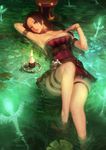  brown_hair buckle caitlyn_(league_of_legends) cupcake dress food hat highres instant_ip league_of_legends long_hair lying partially_submerged short_dress solo water 