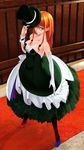  810 alternate_costume braid breasts cleavage dress elbow_gloves gloves green_eyes grin hat high_heels hong_meiling large_breasts long_hair mismatched_footwear pantyhose red_hair shoes smile solo top_hat touhou twin_braids 