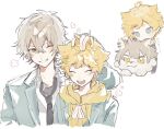  2boys behind_another chibi cropped_torso doodle_inset ensemble_stars! grin hand_on_another&#039;s_head happy harukawa_sora height_difference highres looking_at_another male_focus merchandise multiple_boys multiple_views ogami_koga own_hands_together pale_color school_uniform sketch smile teeth tnxz3538 upper_teeth_only white_background yumenosaki_school_uniform 