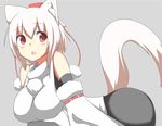  animal_ears blush breasts detached_sleeves grey_background hat highres inubashiri_momiji large_breasts looking_at_viewer mii_(makosuke) open_mouth pink_eyes shirt short_hair silver_hair simple_background skirt solo tail tokin_hat touhou wide_sleeves wolf_ears wolf_tail 