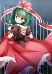  bow dress fence front_ponytail green_eyes green_hair hair_bow hair_ribbon kagiyama_hina long_hair looking_back nekosugi_(hoshi) ribbon skirt skirt_lift smile solo touhou 