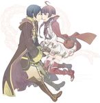  1girl ahoge black_eyes black_hair boots braid brown_eyes brown_hair cloak couple dress fire_emblem fire_emblem:_kakusei frills full_body hetero holding_hands mamkute mark_(fire_emblem) mark_(male)_(fire_emblem) md5_mismatch nn_(fire_emblem) open_mouth osanai_satoru pointy_ears robe smile thighhighs twin_braids 