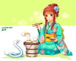  2013 brown_eyes brown_hair chopsticks cobra_(animal) cooking floral_print flower food hair_flower hair_ornament hair_up japanese_clothes kimono ko-on_(ningen_zoo) long_hair mochi new_year obi original sash seiza sitting snake solo soy_sauce stove sweatdrop wagashi white_snake 