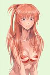  alternate_hairstyle bad_id bad_pixiv_id bangs bikini bikini_top blue_eyes breasts chika_(12chika) cleavage collarbone eyelashes green_background highres long_hair looking_at_viewer medium_breasts neon_genesis_evangelion parted_lips shikinami_asuka_langley side_ponytail simple_background solo souryuu_asuka_langley striped striped_bikini swimsuit upper_body v_arms wide-eyed 