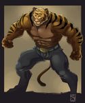  abs anthro belt biceps big_muscles black_fur body_markings brown_background clothing feline felsus fists flexing fur invalid_tag jeans male mammal markings muscles orange_fur pants pecs pink_nose plain_background pose smile solo standing stripes tan_fur tiger toned topless 