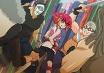  1girl ass bare_shoulders bat belt bike_shorts black_hair breasts clenched_teeth fat fat_man fingerless_gloves glasses gloves grin headband highres knife kouzuki_anna legs looking_back mask multicolored_hair multiple_boys short_hair smile standing straw_(artist) straw_(yokubou_hiroba) teeth thighs weapon weapons yellow_eyes yu-gi-oh! yuu-gi-ou_zexal 