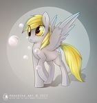  antiander blonde_hair bubble bubbles cutie_mark derpy_hooves_(mlp) equine feathers female feral friendship_is_magic fur grey_background grey_feathers grey_fur hair hi_res hooves horse long_hair mammal my_little_pony pegasus plain_background pony smile solo standing wings yellow_eyes 