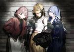  3girls black_hair black_jacket black_pants blonde_hair blue_hair blush bob_cut brick_wall brown_jacket cometik_(idolmaster) denim denim_jacket expressionless fire_extinguisher grey_skirt hand_in_pocket hat highres idolmaster idolmaster_shiny_colors ikaruga_luca ikuta_haruki jacket jacket_partially_removed jeans long_hair looking_at_viewer midriff multicolored_hair multiple_girls pants pink_hair short_hair single_bare_shoulder skirt smile streaked_hair suzuki_hana two-tone_hair yellow_hat yellow_pants zhili_xingzou 