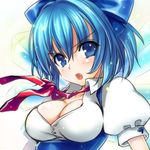  :o alternate_breast_size blue_eyes blue_hair blush bow breasts cirno cleavage fang hair_bow ichiro_yoshizumi large_breasts older open_mouth short_hair simple_background solo teenage touhou v-shaped_eyebrows white_background wings 