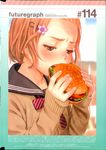 1girl blue_eyes burger crying eating food furrowed_brow hamburger highres murata_renji red_hair school_uniform solo tears 