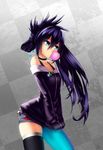  absurdres alternate_hairstyle arantheus asymmetrical_legwear badge bare_shoulders black_hair black_rock_shooter black_rock_shooter_(character) blue_eyes breasts bubble_blowing button_badge checkered chewing_gum choker glowing half_updo hands_in_pockets highres long_hair non-web_source short_shorts shorts side_ponytail single_thighhigh small_breasts solo thighhighs 