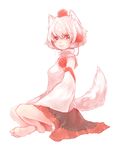  animal_ears barefoot full_body hat highres indian_style inubashiri_momiji ma_nyan_(nyao_mao_nyao) red_eyes short_hair silver_hair simple_background sitting skirt smile solo tail tokin_hat touhou white_background white_hair wolf_ears wolf_tail 