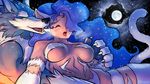  animal_ears blue_fur blue_hair breasts canine capcom cat_ears darkstalkers duo eyes_closed felicia_(darkstalkers) feline female fur hair jon_talbain jonas love_bite male mammal night open_mouth outside video_games were werewolf white_fur yellow_eyes 