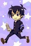  1boy armband black_hair blush_stickers gakuran hand_in_pocket kumagawa_misogi male male_focus medaka_box no_socks purple_eyes school_uniform screw screws solo star uniform 