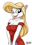  animaniacs black_eyes blonde_hair breasts chest_tuft clothed clothing dress female fur hair long_hair looking_at_viewer mammal minerva_mink mink mustelid mysticalpha open_mouth pi_id pink_nose plain_background smile solo tuft white_background white_fur 