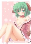  animal_ears bare_legs bare_shoulders blush breasts collar frown green_eyes green_hair kasodani_kyouko medium_breasts off_shoulder open_clothes short_hair solo tail touhou yuu_(yu0221f) 