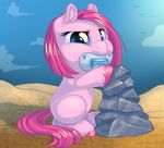  bib blue_eyes equine female feral friendship_is_magic fur hair horse kittehkatbar mammal my_little_pony outside pink_fur pink_hair pinkamena_(mlp) pinkie_pie_(mlp) pony rock solo young younger 