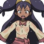  1girl aliasing areolae bangs big_hair brown_eyes chestnut_mouth collarbone creatures_(company) dark_skin flat_chest frown game_freak gomatarou_(pixiv196136) hair_ornament iris_(pokemon) long_hair long_sleeves looking_at_viewer looking_down navel nintendo nipples no_bra open_mouth pokemon pokemon_(game) pokemon_bw purple_hair see-through shiny shiny_hair shirt simple_background solo standing teeth tied_hair very_long_hair wet wet_clothes wet_shirt white_background yellow_shirt 